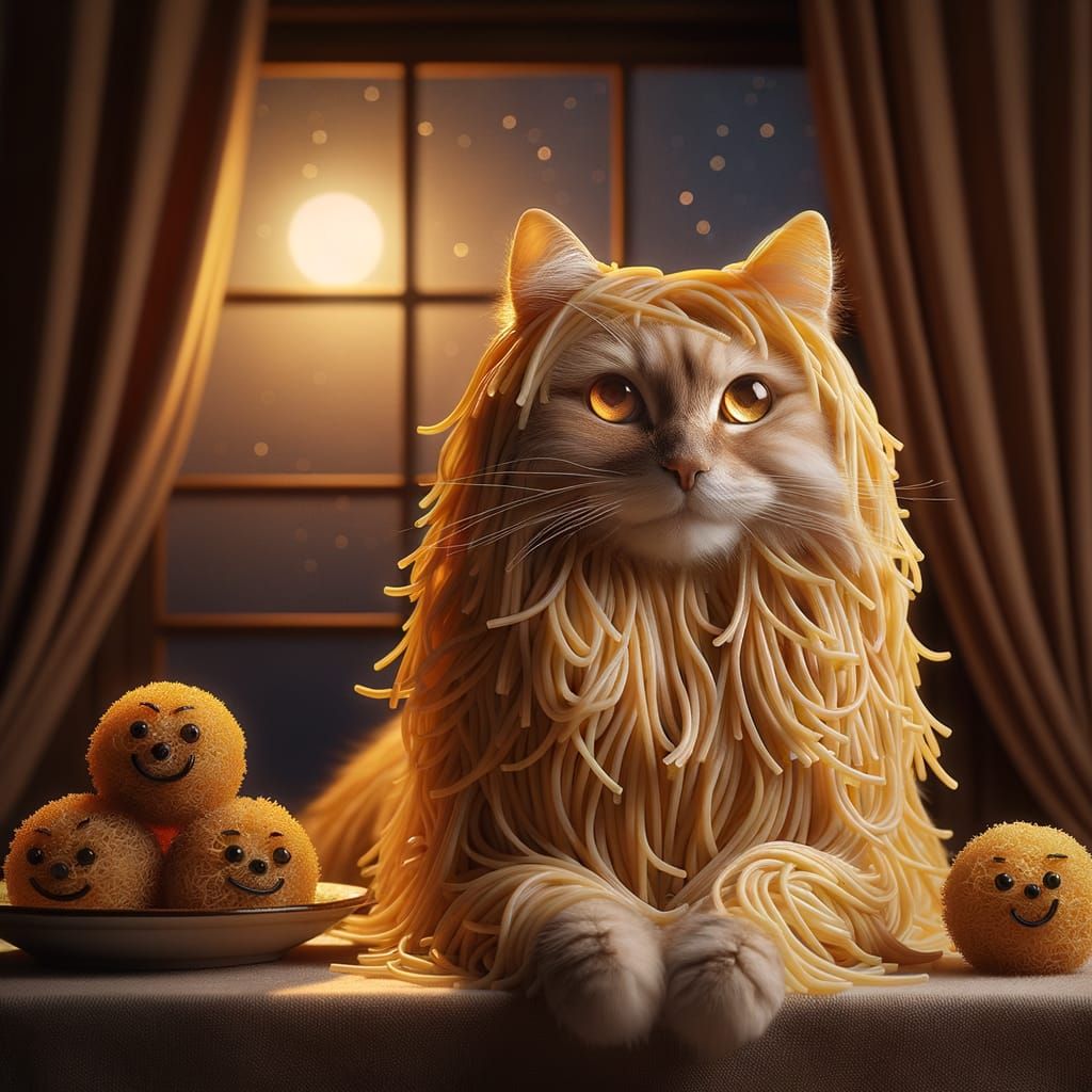 Spaghetti Noodle Cat with Smiling Meatballs