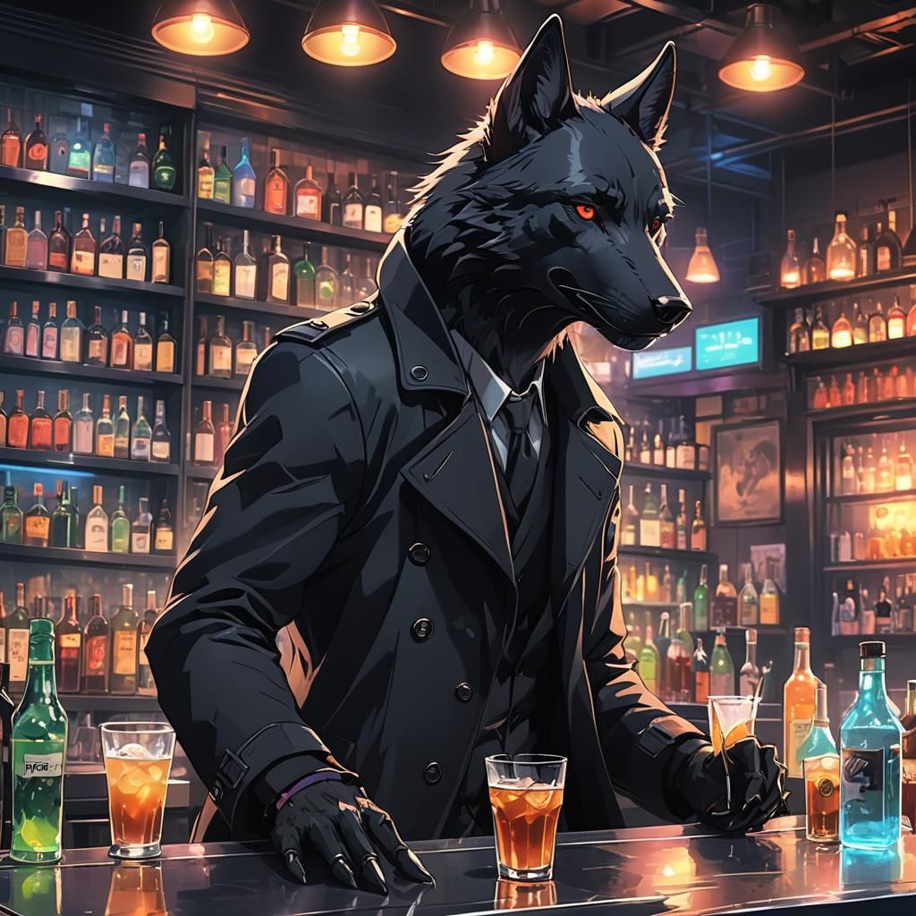 Anime Wolf Bartender in Neon Cityscape