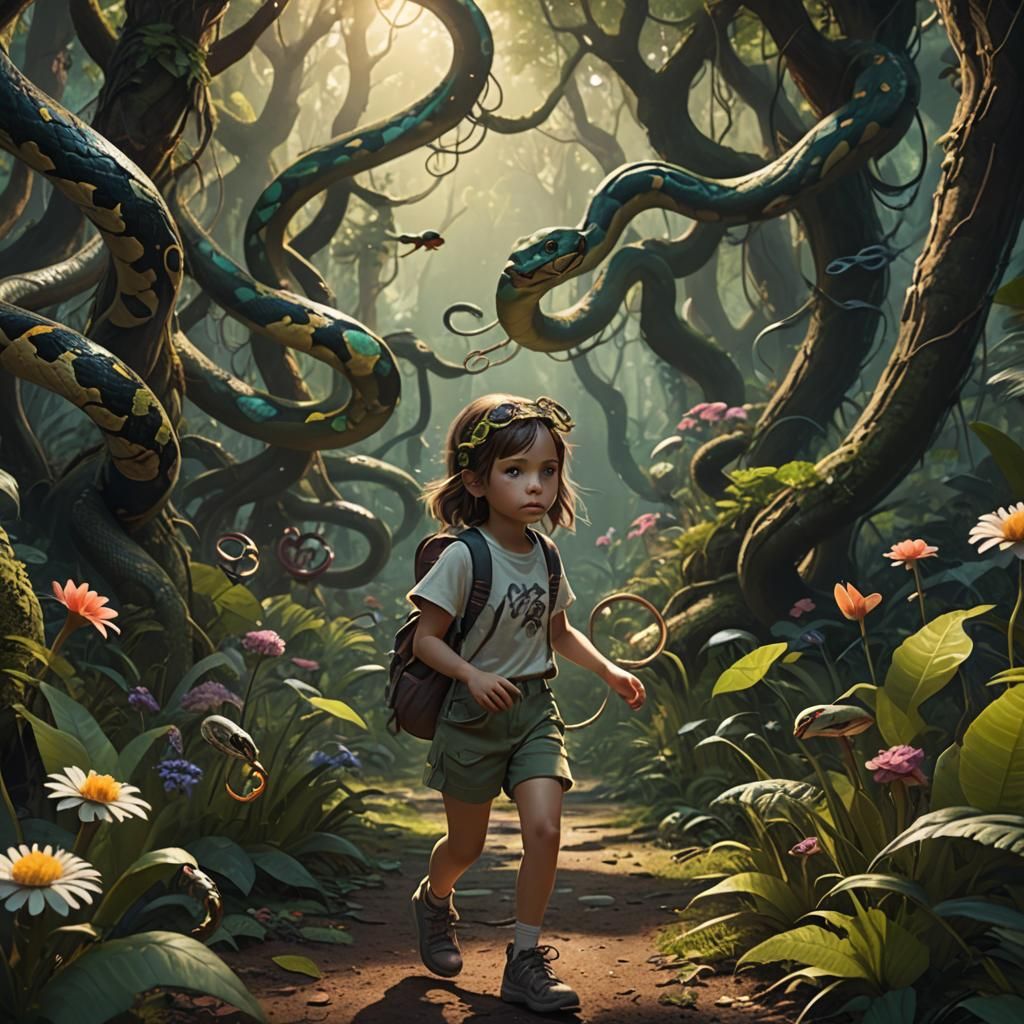 Fantasy Girl in Forest with Snakes and Birds