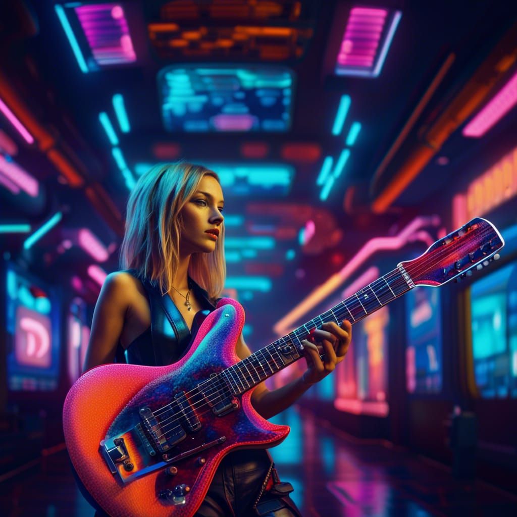 Stunning Woman Plays Guitar in Neon Cyberpunk Style