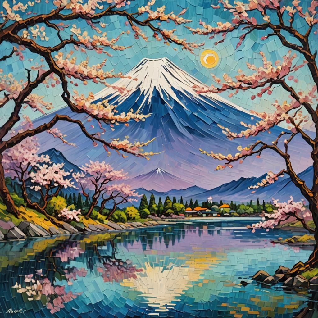 Mount Fuji Impasto Painting in Van Gogh Style