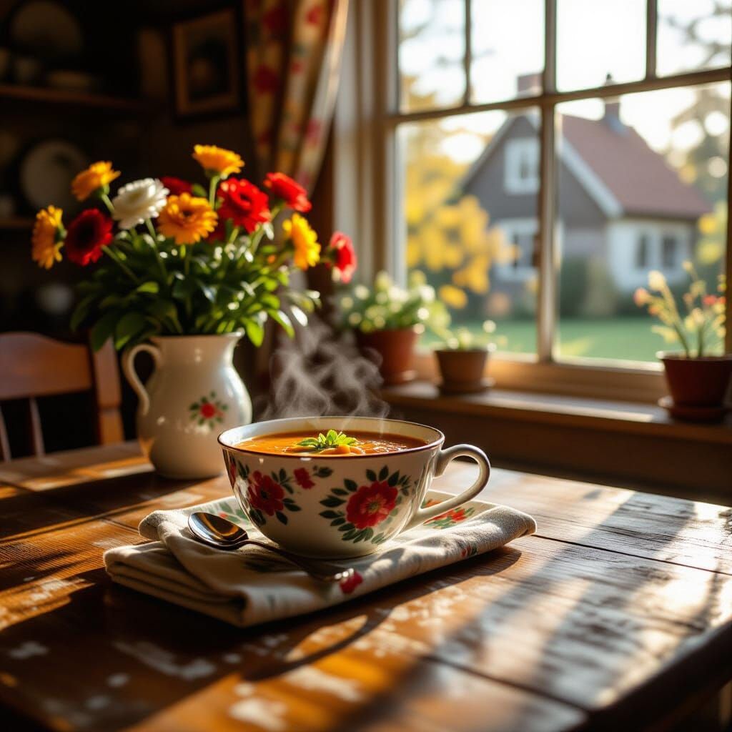 Floral Slipper Filled With Soup on Rustic Table