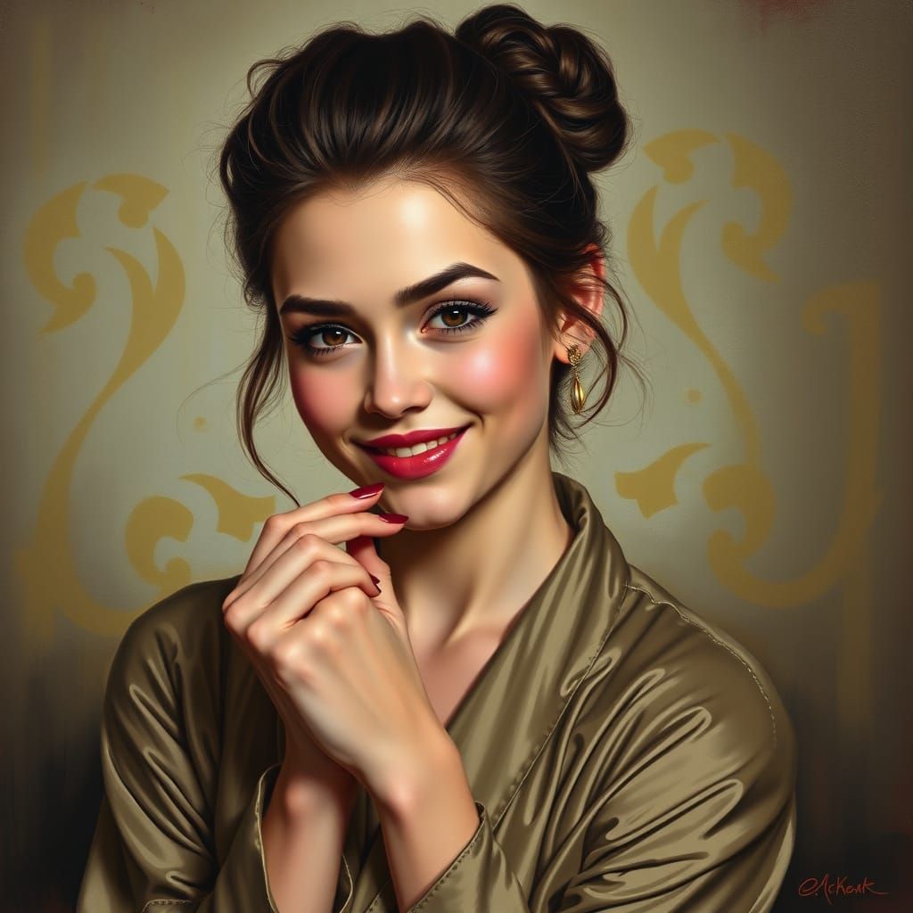 Young Brown Woman Smiling Seductively with Her Hands