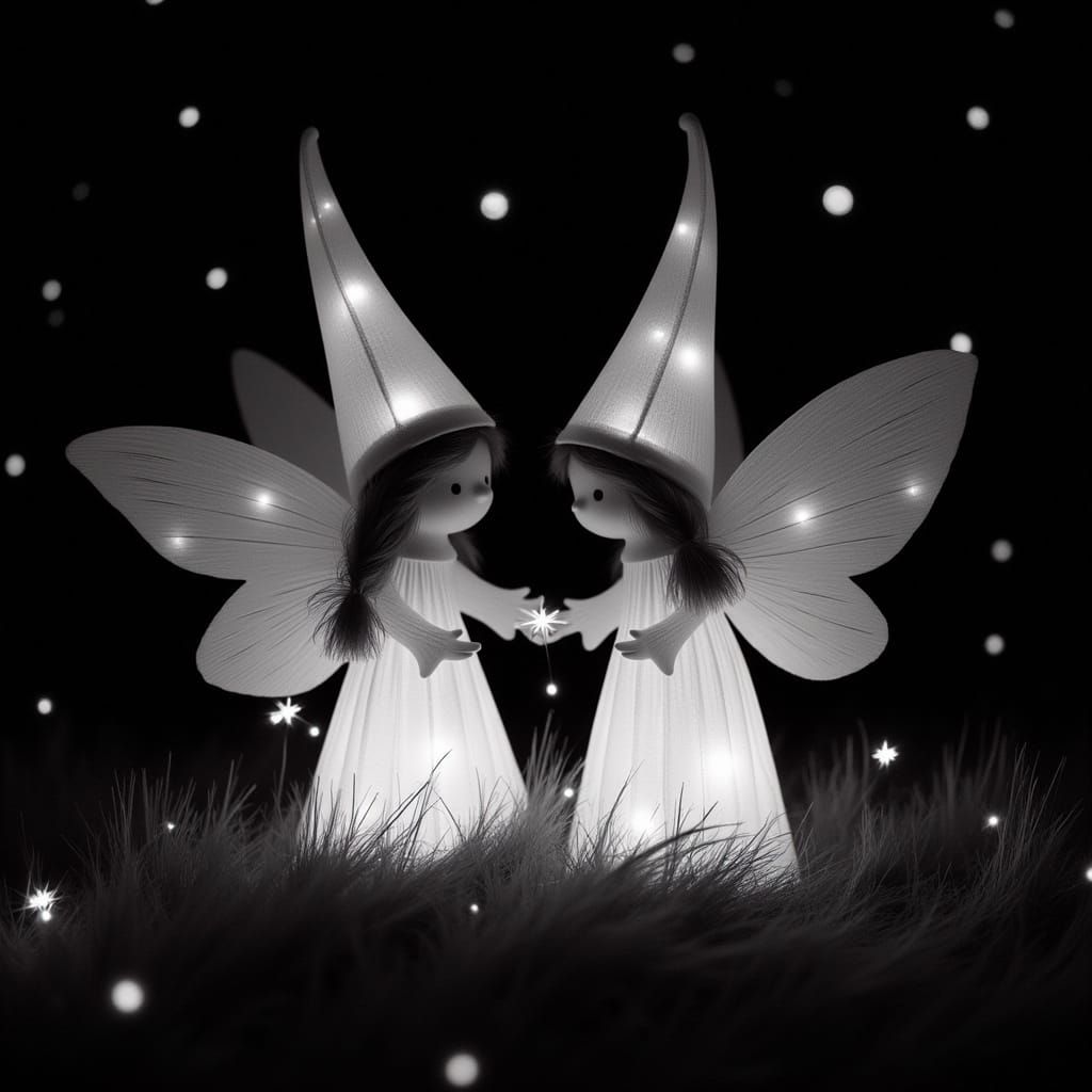 Monochrome Christmas Elves with Fairy Lights