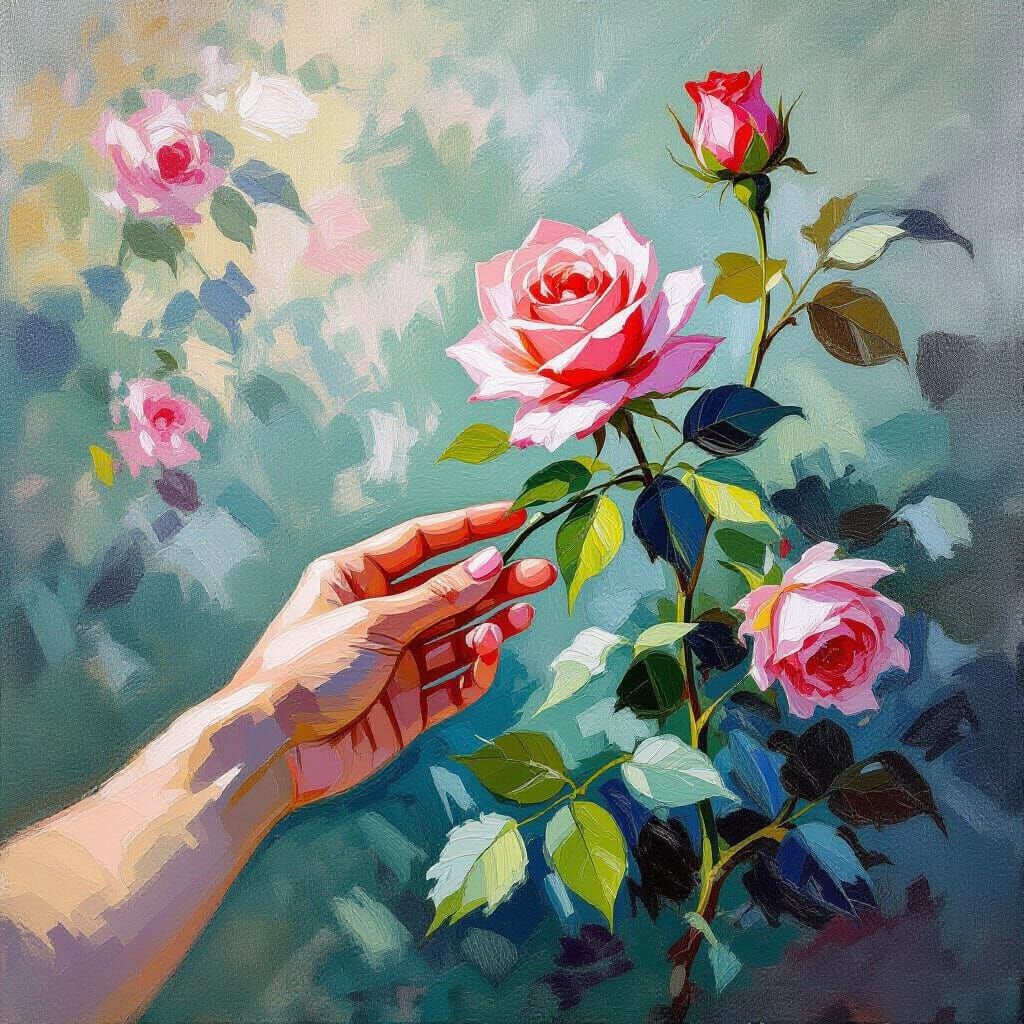 Hand Reaching for Rose in Impressionist Style