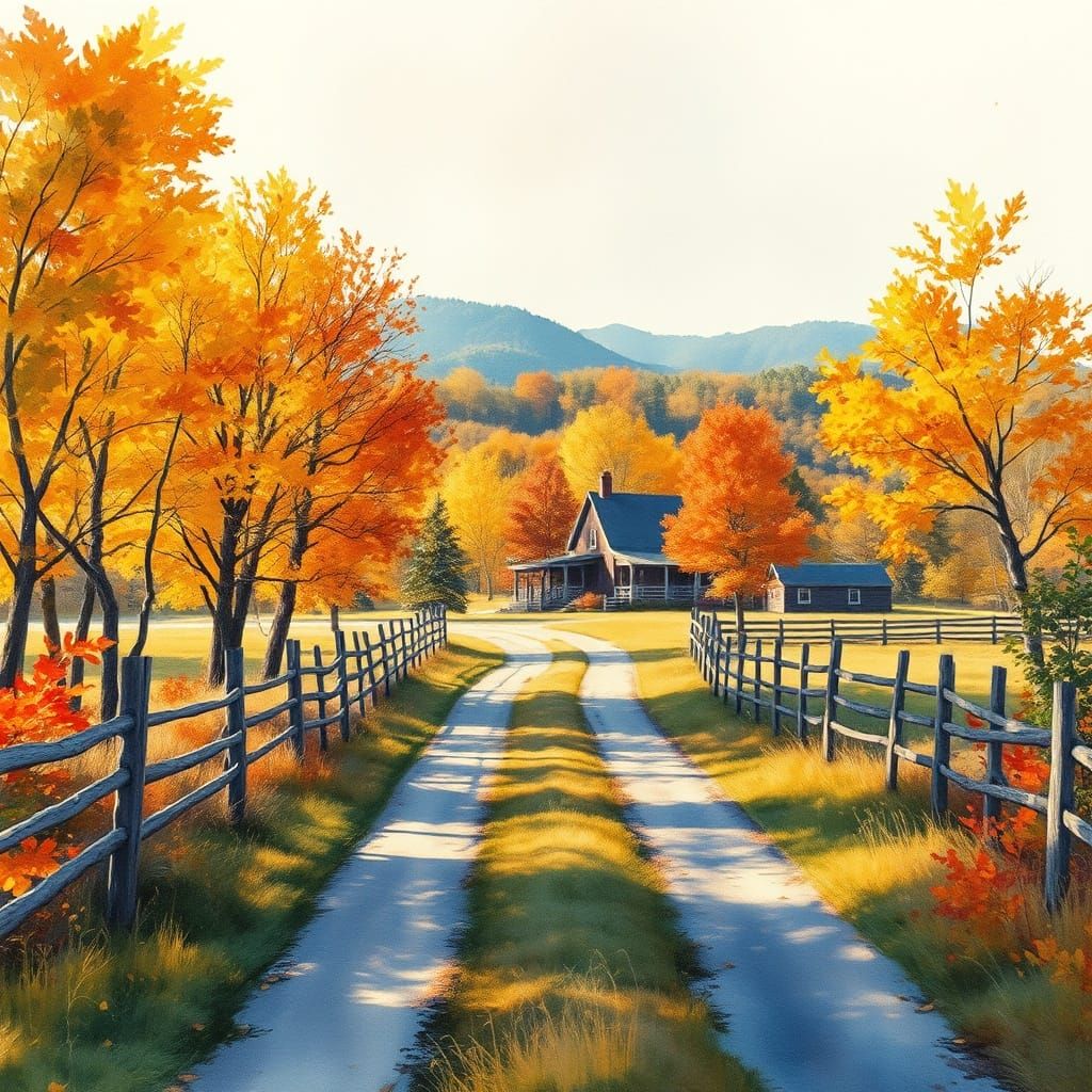 Airy Watercolor Farm Scene in Autumn Vermont