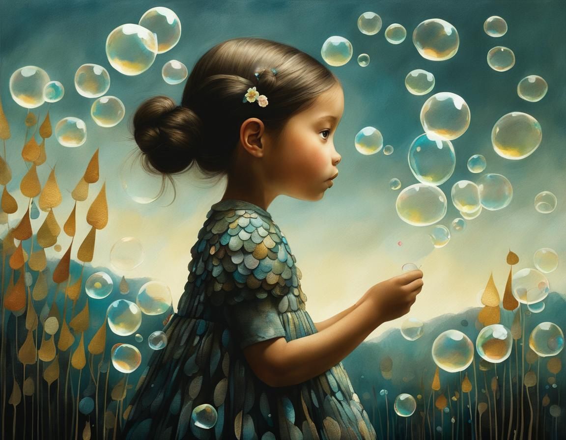 Girl Blowing Bubbles in Whimsical Sketch Style
