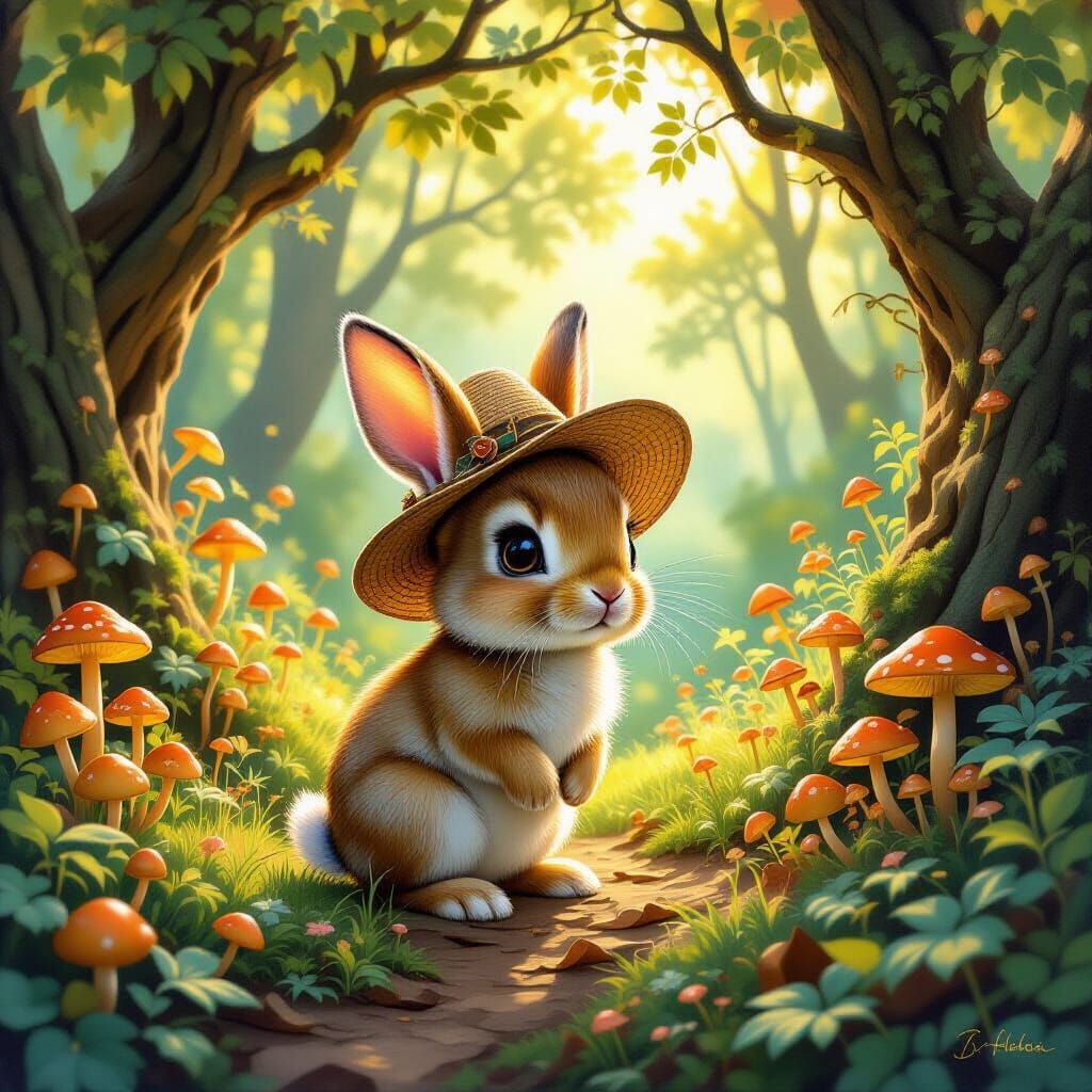 Art Nouveau Bunny in Enchanted Forest Oil Painting