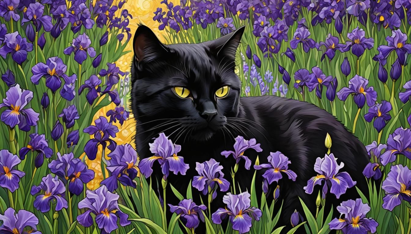 Black Cat in an Iris Garden