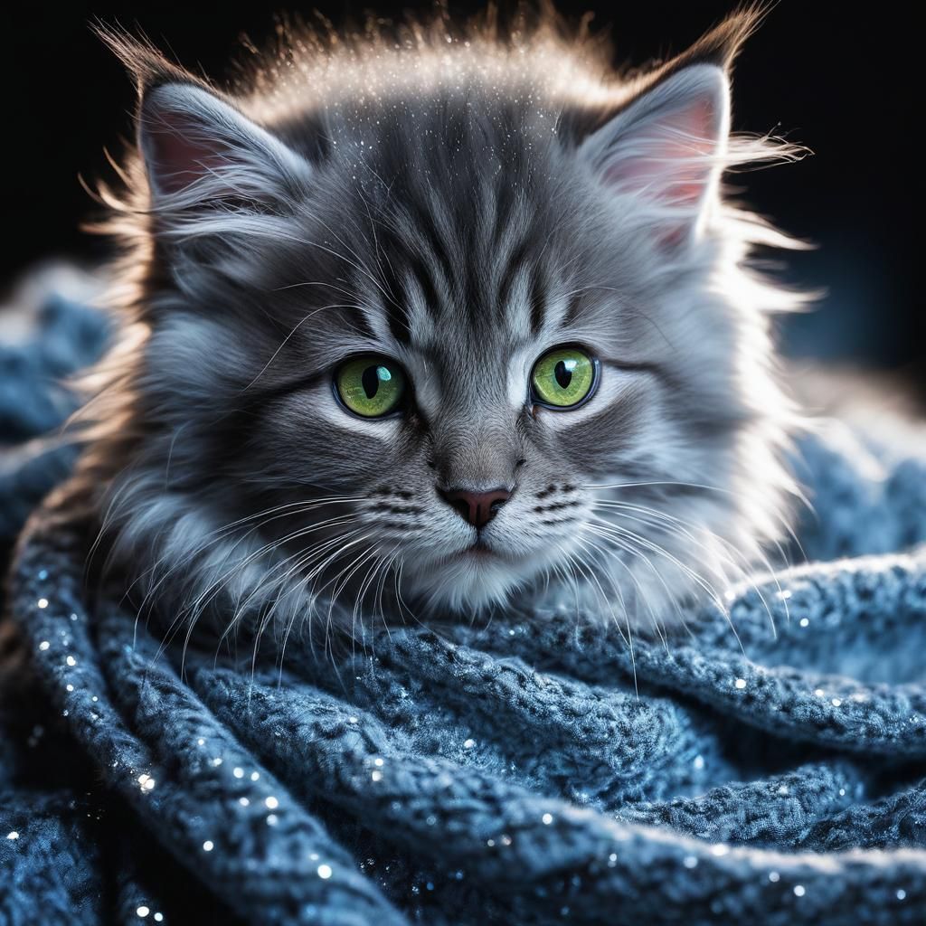 Adorable Kitten in Blanket, Detailed Mixed-Media Photography
