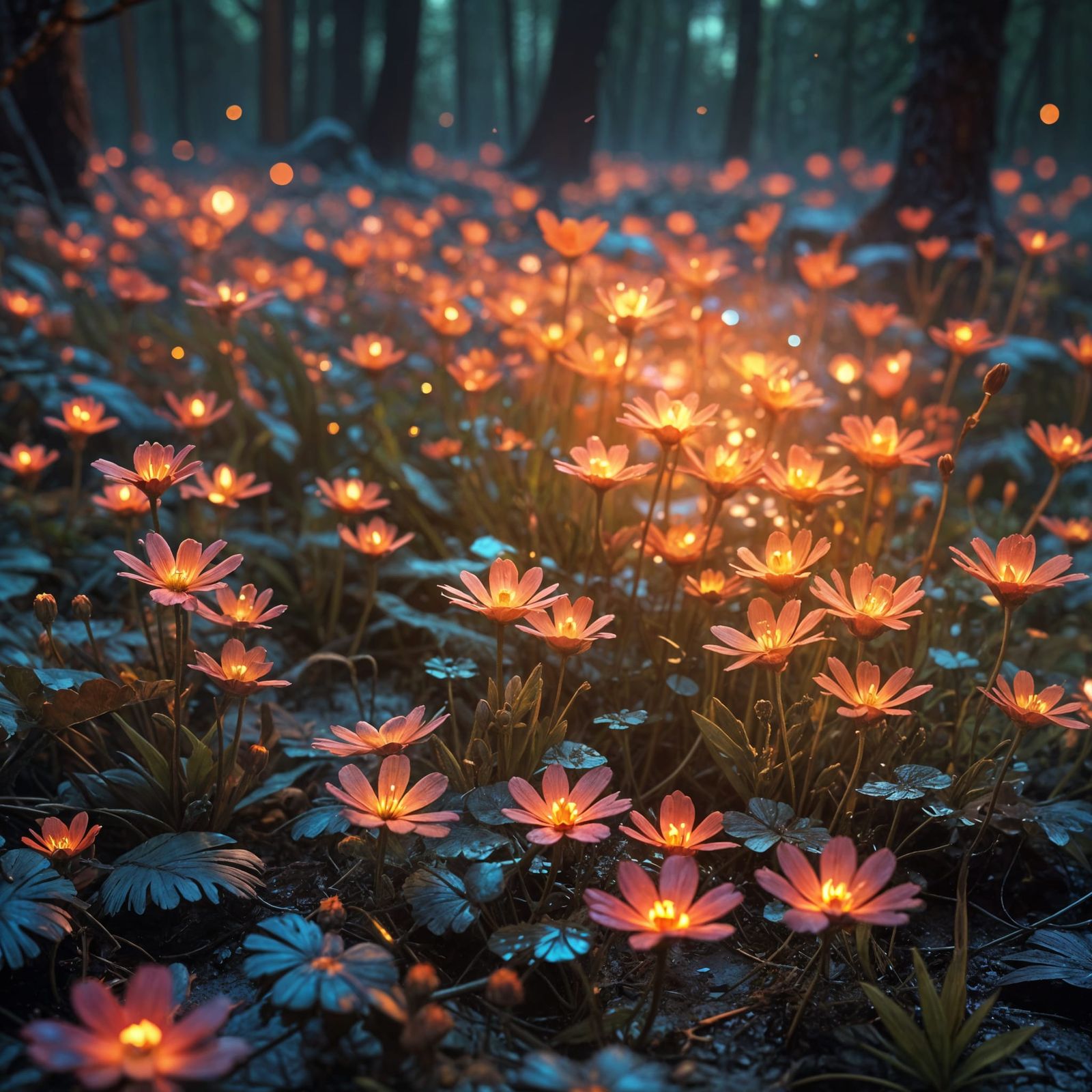 Surreal Forest Blooms with Iridescent Wildflowers in a Dream...