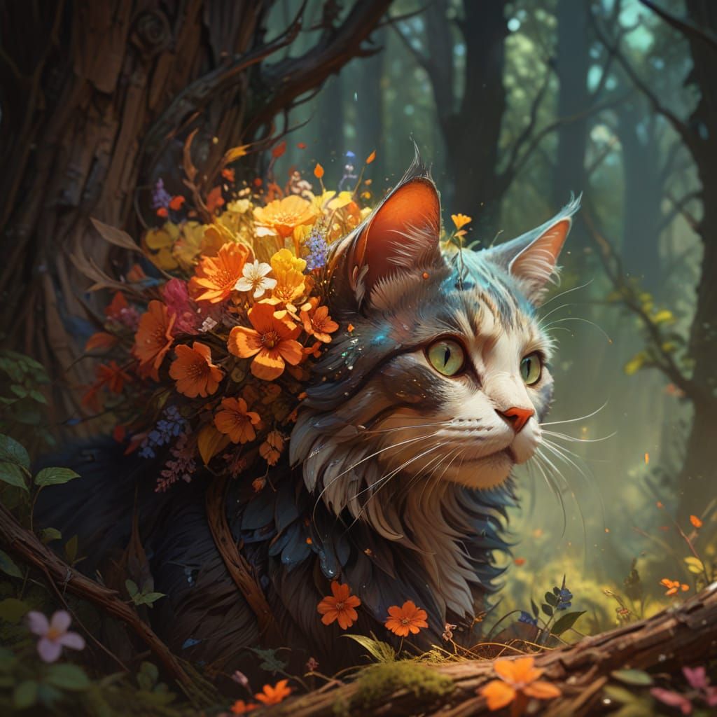 Vibrant Pop Art Portrait of a Whimsical Cat in a Twisted Woo...