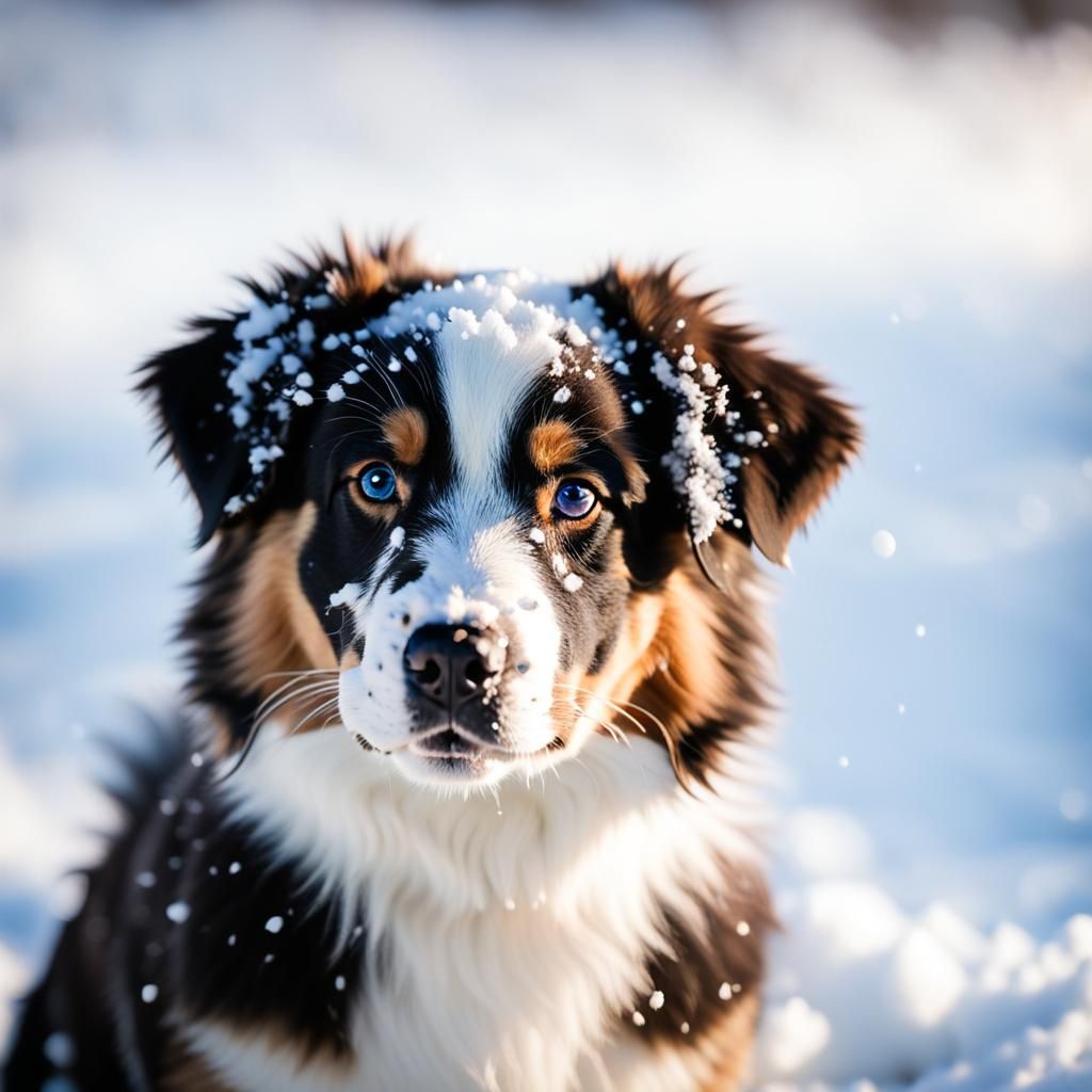 A beautiful Australian shepherd puppy with snow on his face ...
