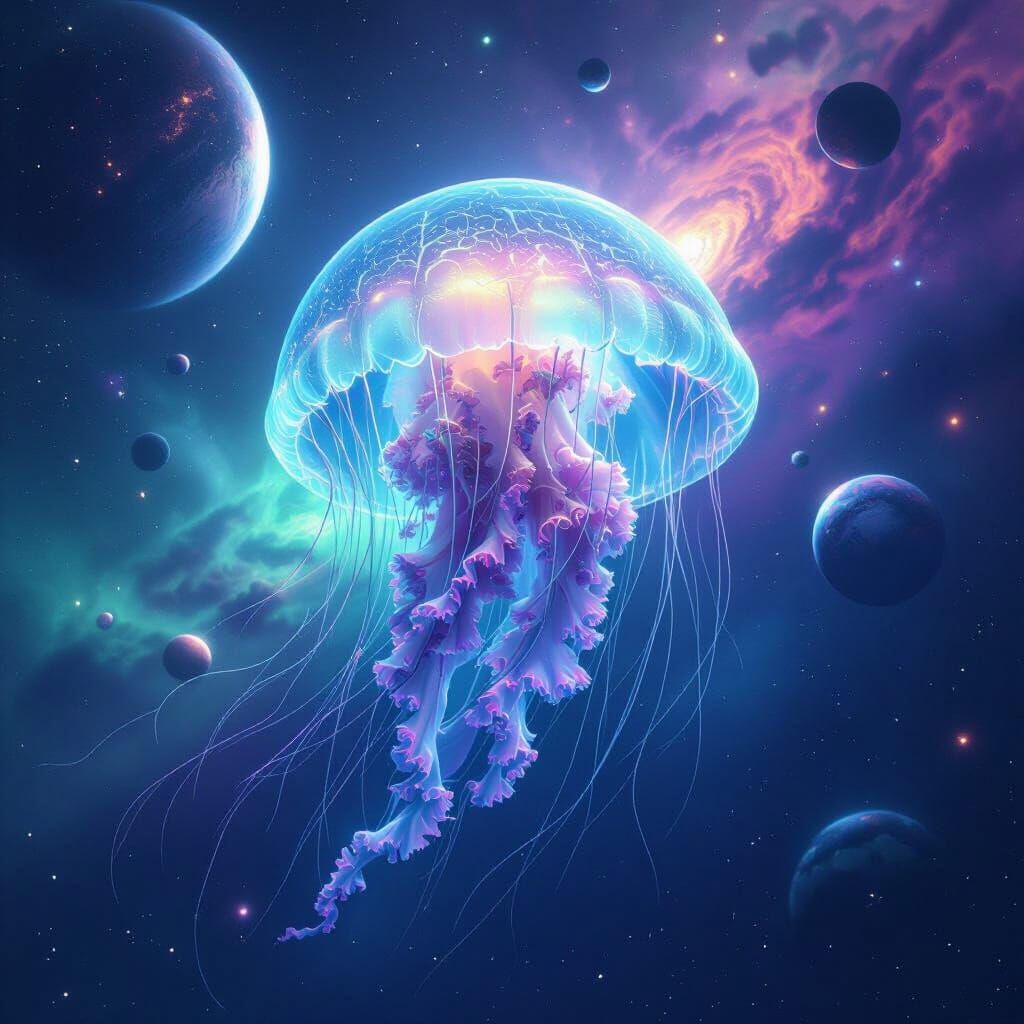 Bioluminescent Jellyfish Drifting Through Nebula