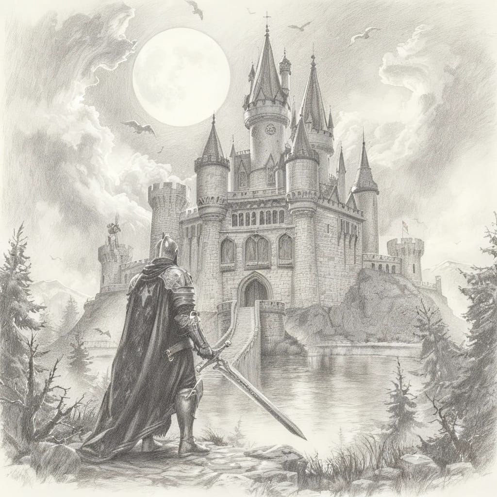 Knight Guards Castle in Grayscale Pencil Sketch
