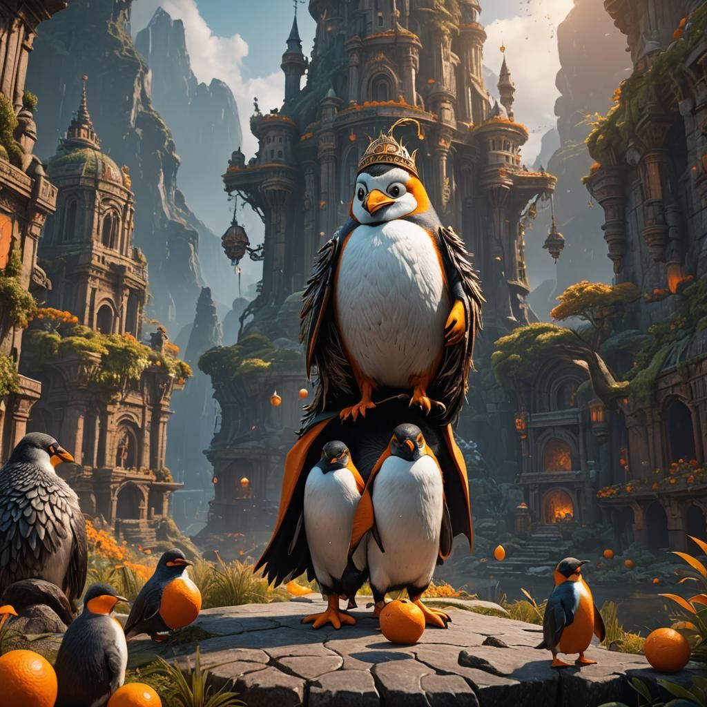 God Chatting with an Orange Penguin: Fantasy Concept Art