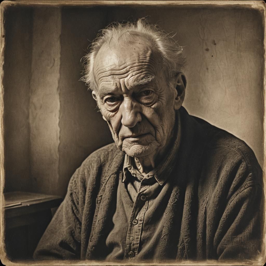 A black-and-white portrait of an elderly man, his weathered ...