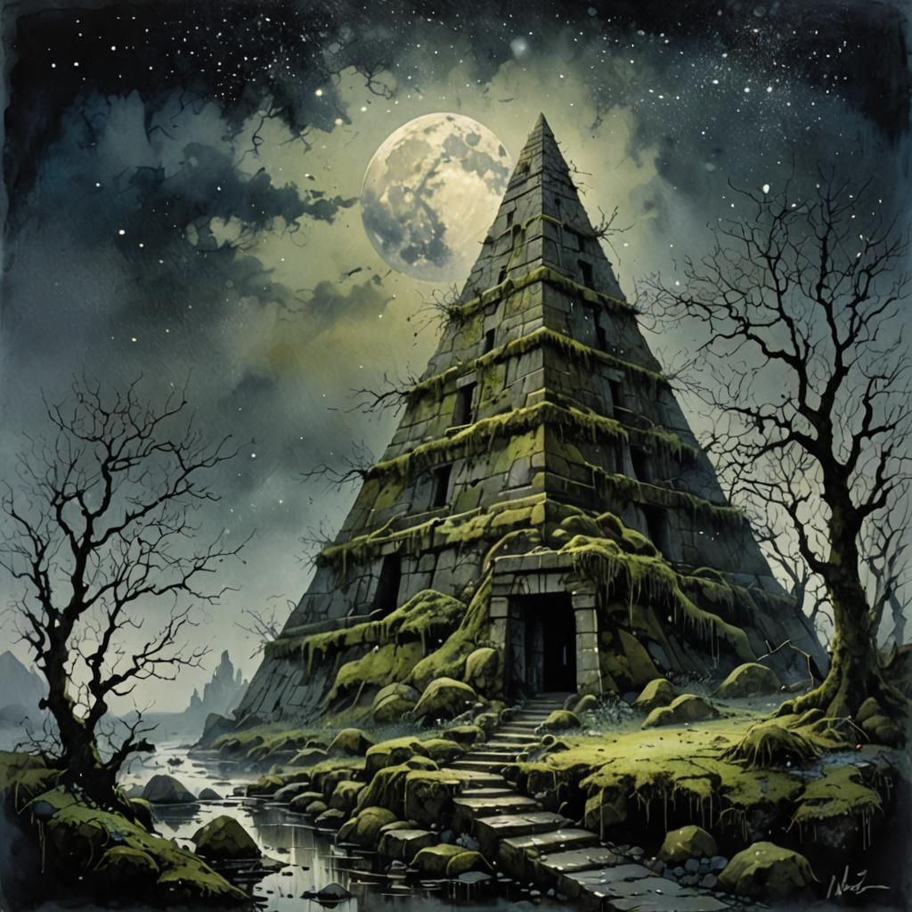 Grimdark Pyramid in a Starry Night Scene
