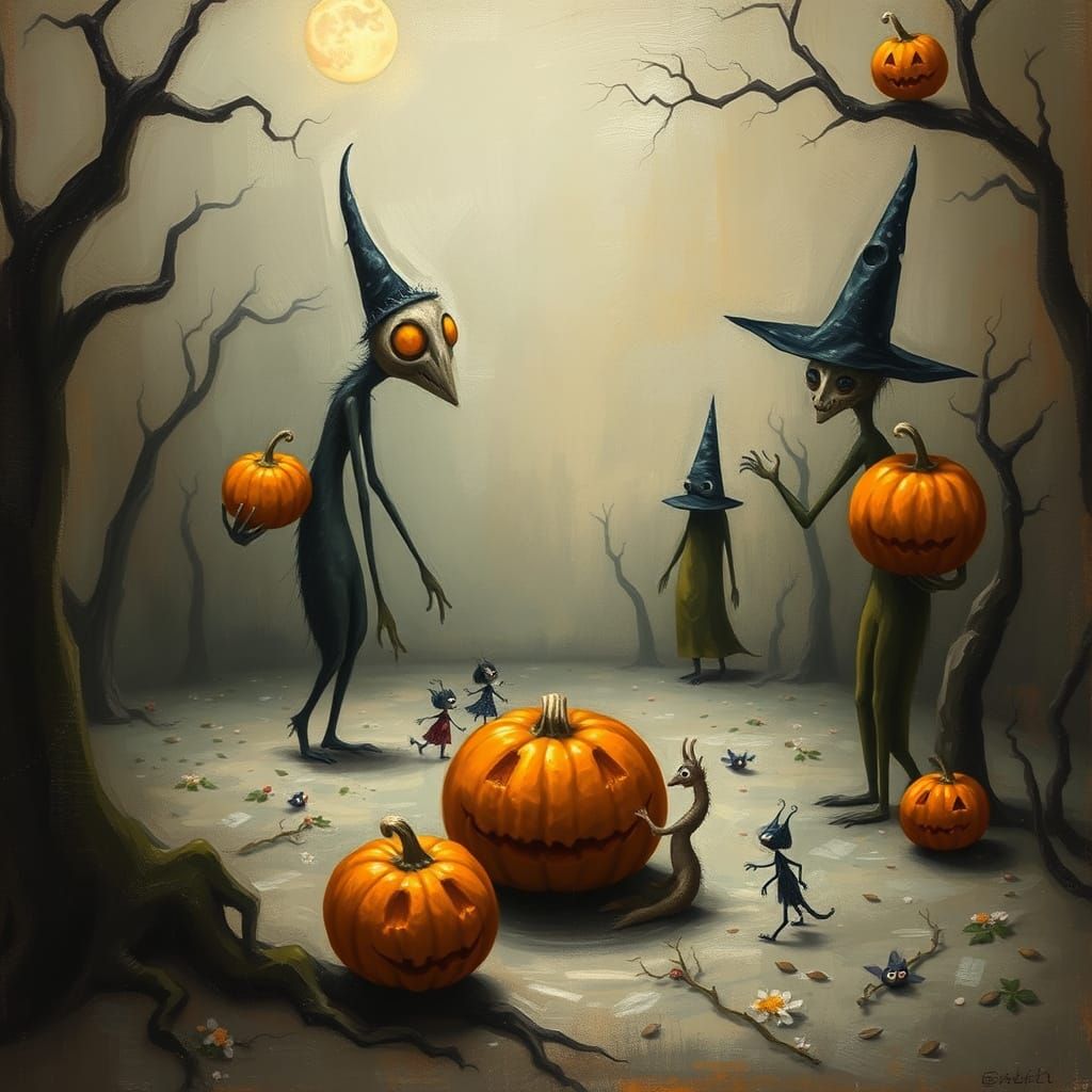 Surreal Halloween Scene with Whimsical Characters