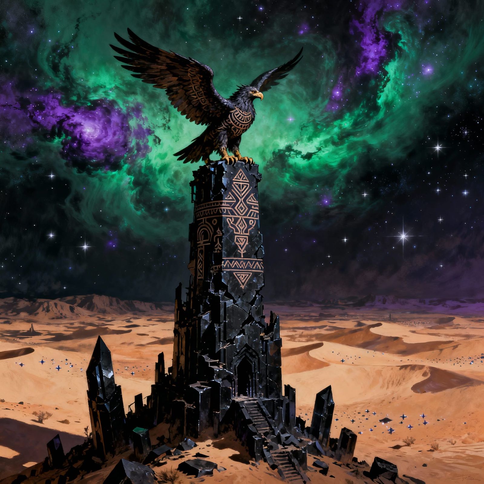 Majestic Griffin on Obsidian Tower in Starry Desert