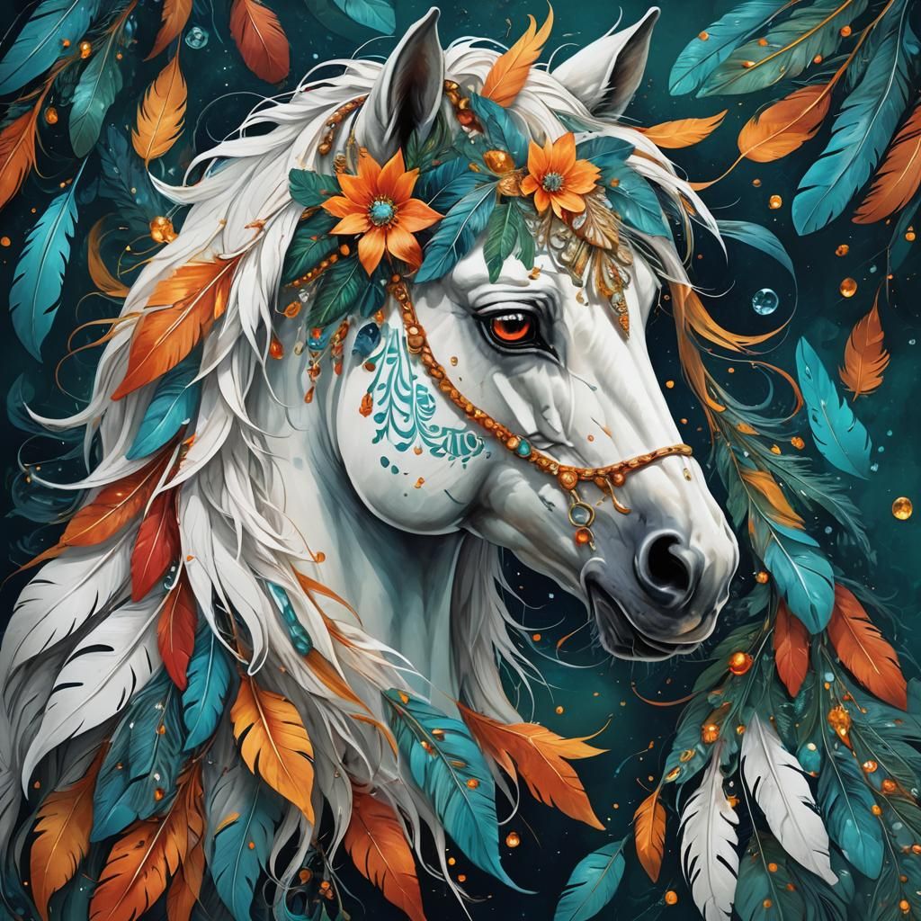 Fantasy Horse Portrait with Feathers and Crystals