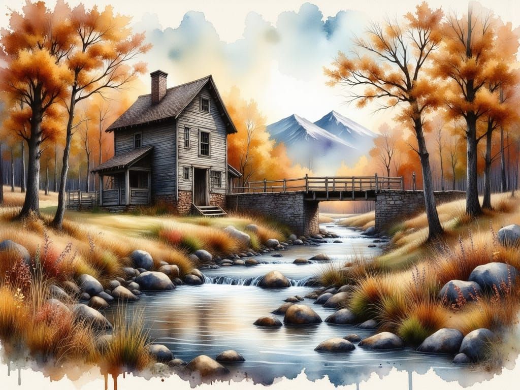 Dilapidated Watermill by Autumn Forest Stream