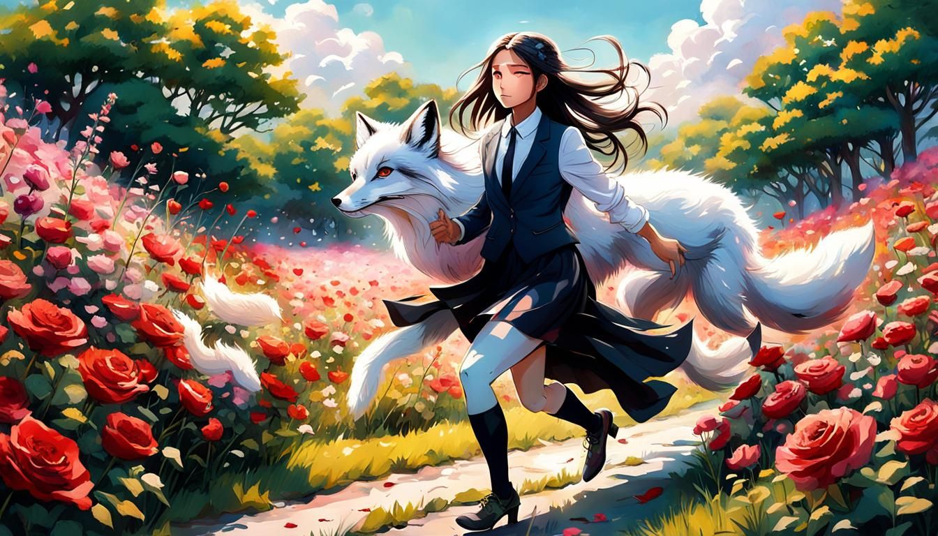 Girl Chasing Fox in Rose Field: 3D Anime Art