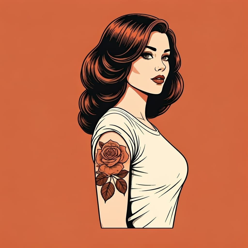 Retro Ink Drawing of Woman with Rose Tattoo