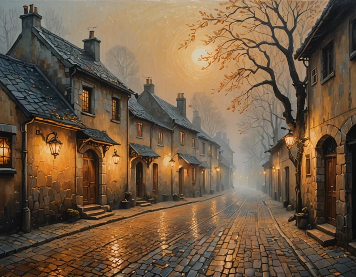 Misty Village Lane in Art Nouveau Style