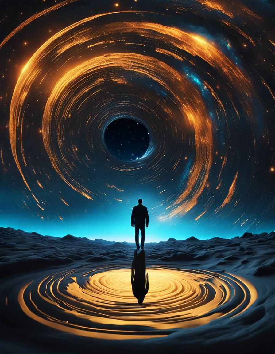 Lone Figure Falling Through Surreal Dark Void