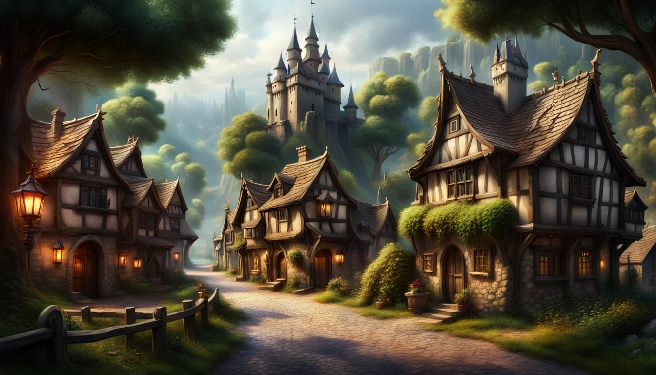 Epic Fantasy Village Scene with Knights