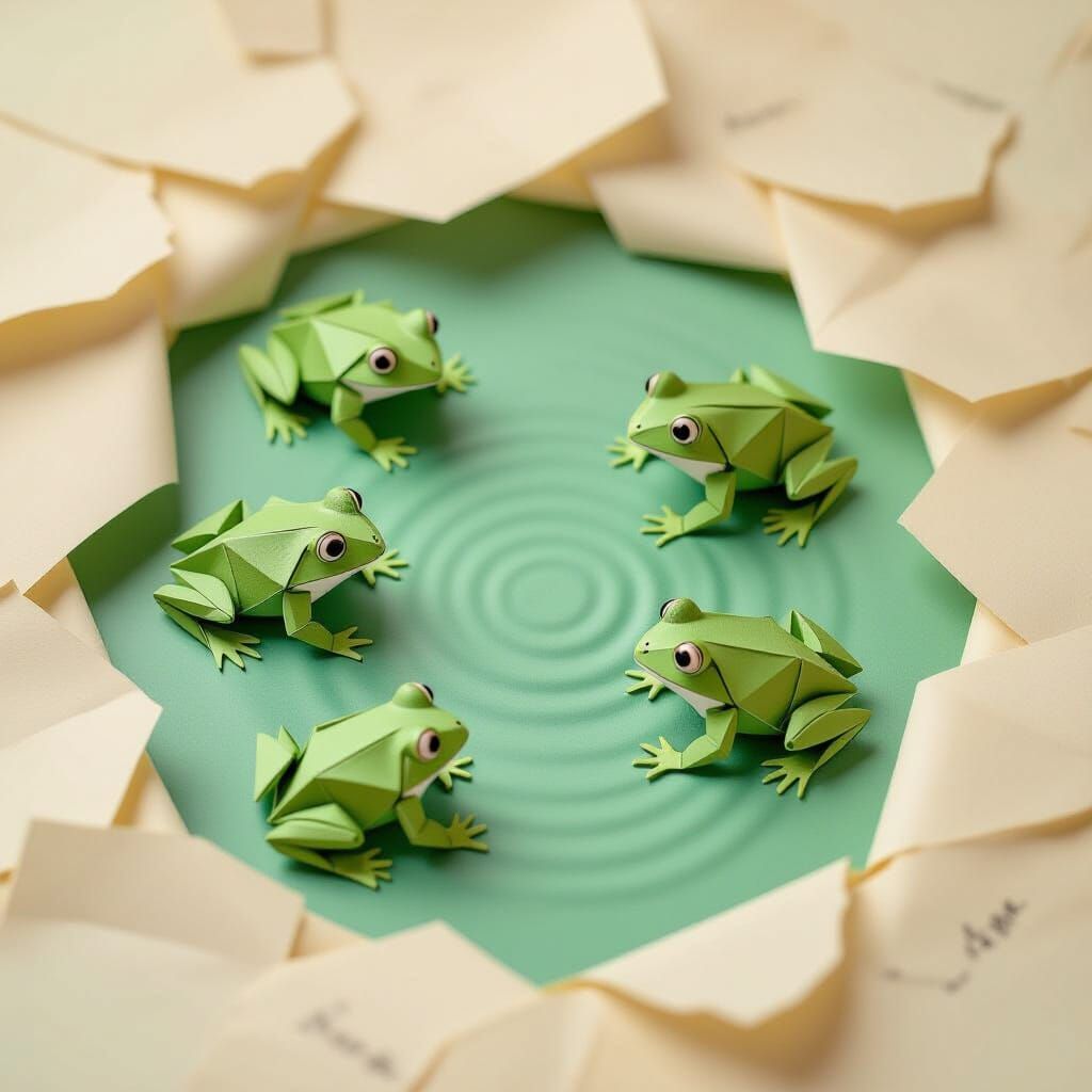 Origami Frogs Leap on Parchment Pond