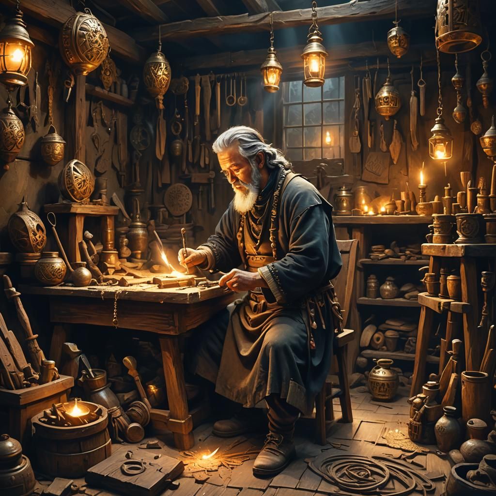 Mystical Artisan Crafts Wood Sculptures in Fantasy Workshop