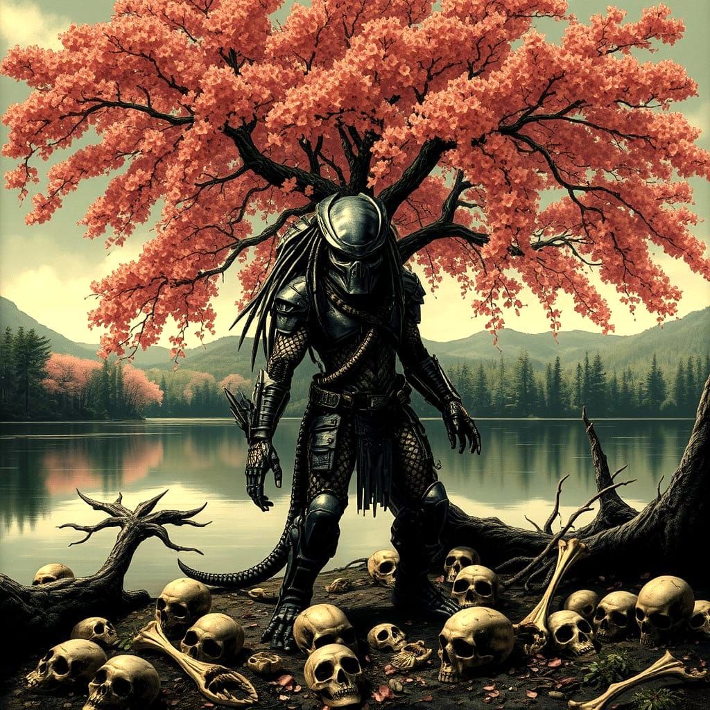 Predator Hunts Under Sakura Tree: Acrylic Art