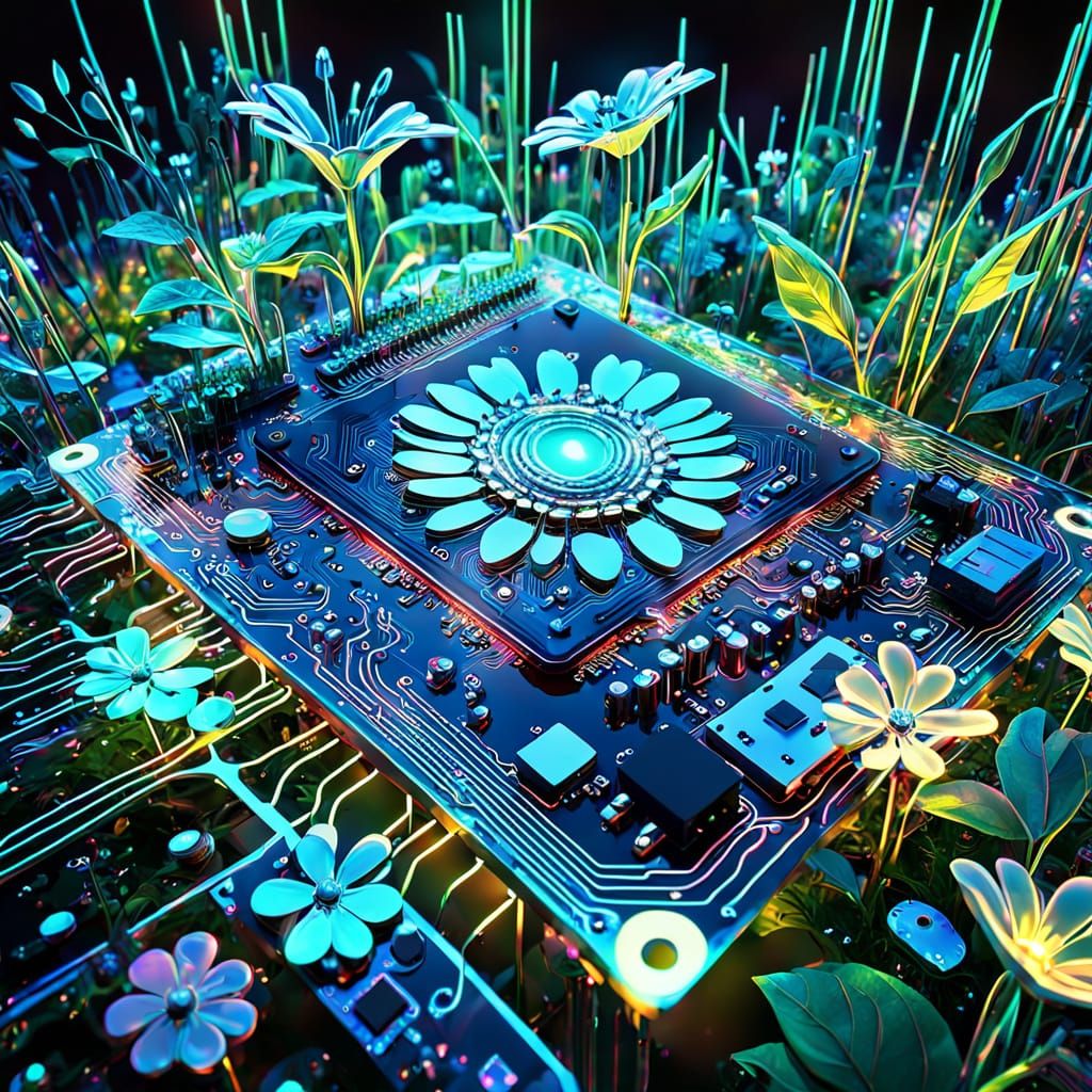 Surreal Circuit Board Blooms in Ethereal Garden