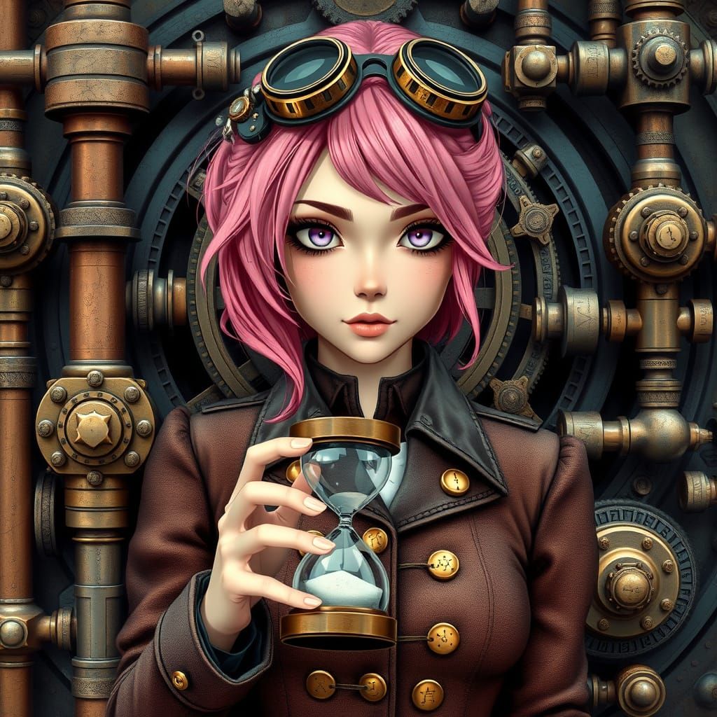 Elegant Steampunk Inventor with Brass Goggles and Hourglass