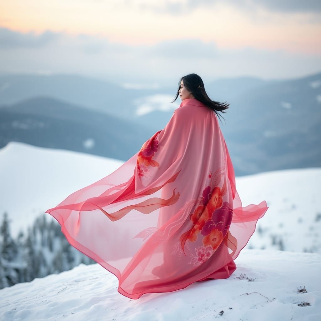 Woman in Alcohol Ink Cape on Snowy Mountain