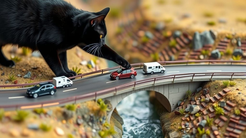 Giant Cat Plays on Miniature Highway Landscape