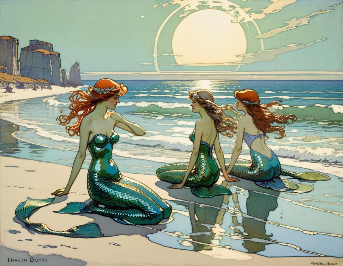 Mermaids on Beach Holiday in Impressionist Style