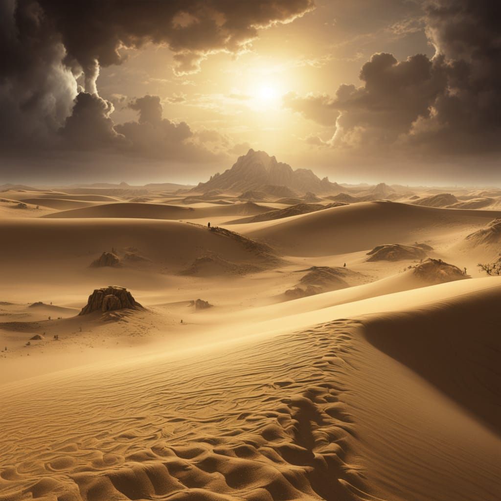 Epic Desert Landscape with Mysterious Mummy Silhouettes in G...