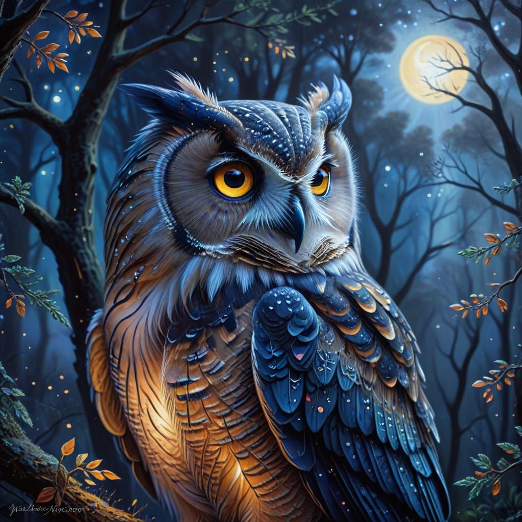 Surreal Owl Perched in a Moonlit Forest Glade
