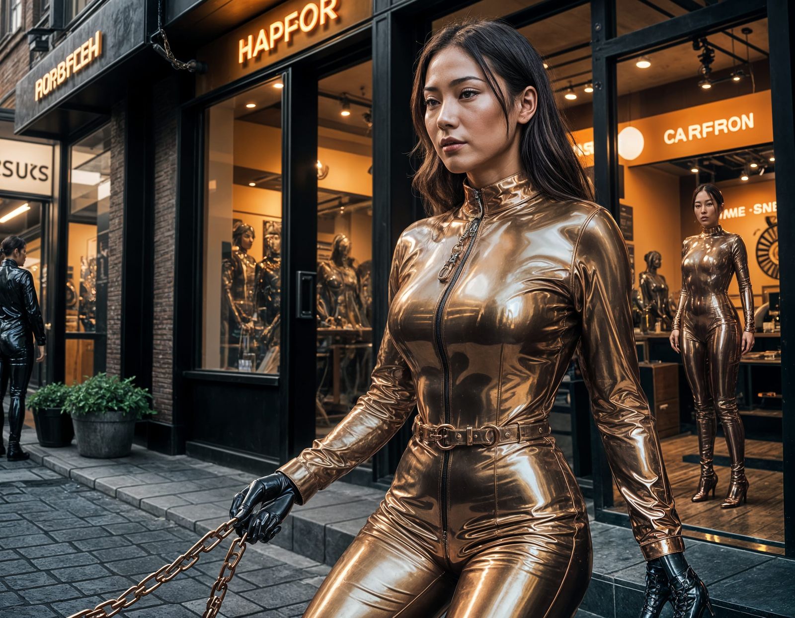 Sultry Asian Woman in Copper Latex Catsuit