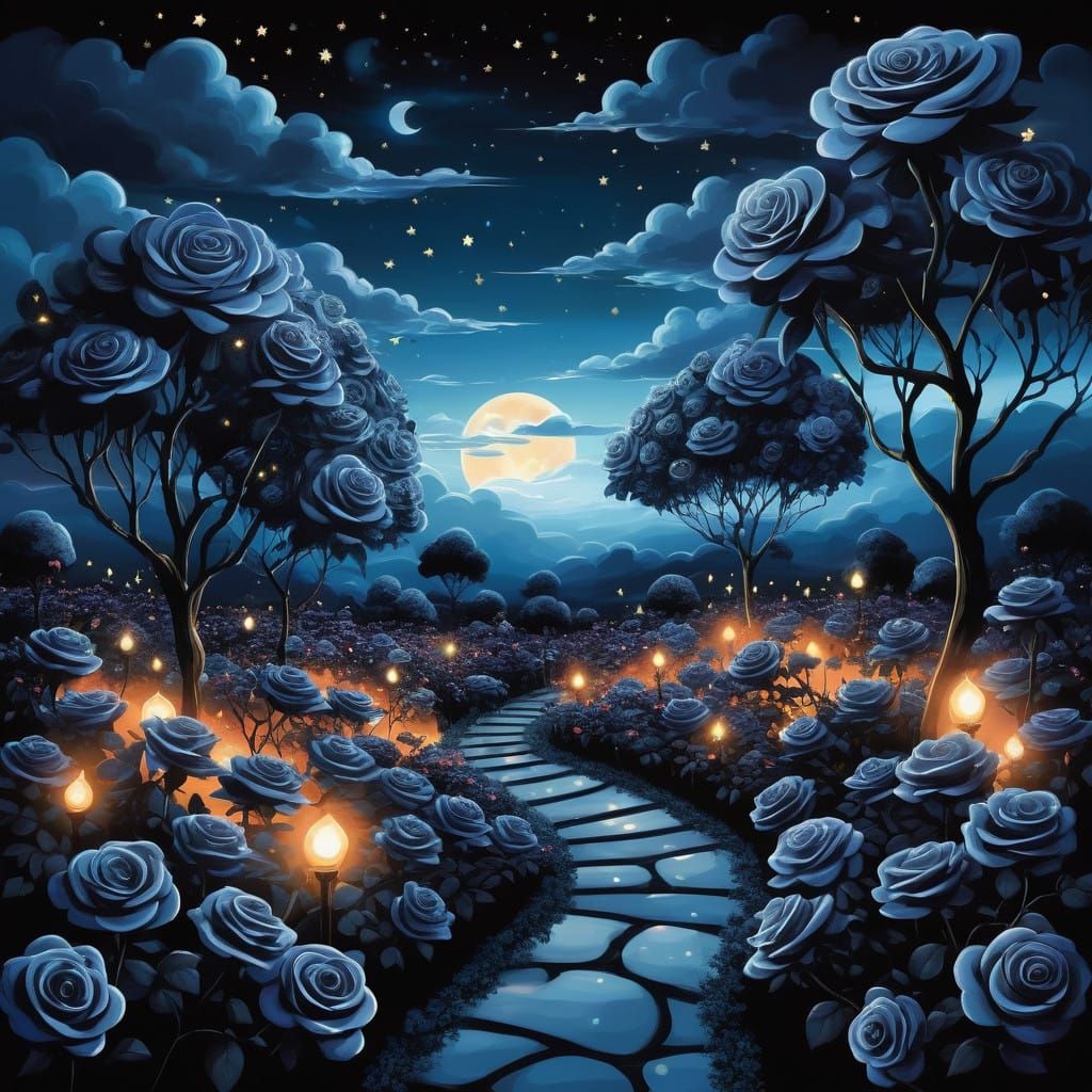 Surreal Midnight Garden Blooms with Shimmering Black Roses