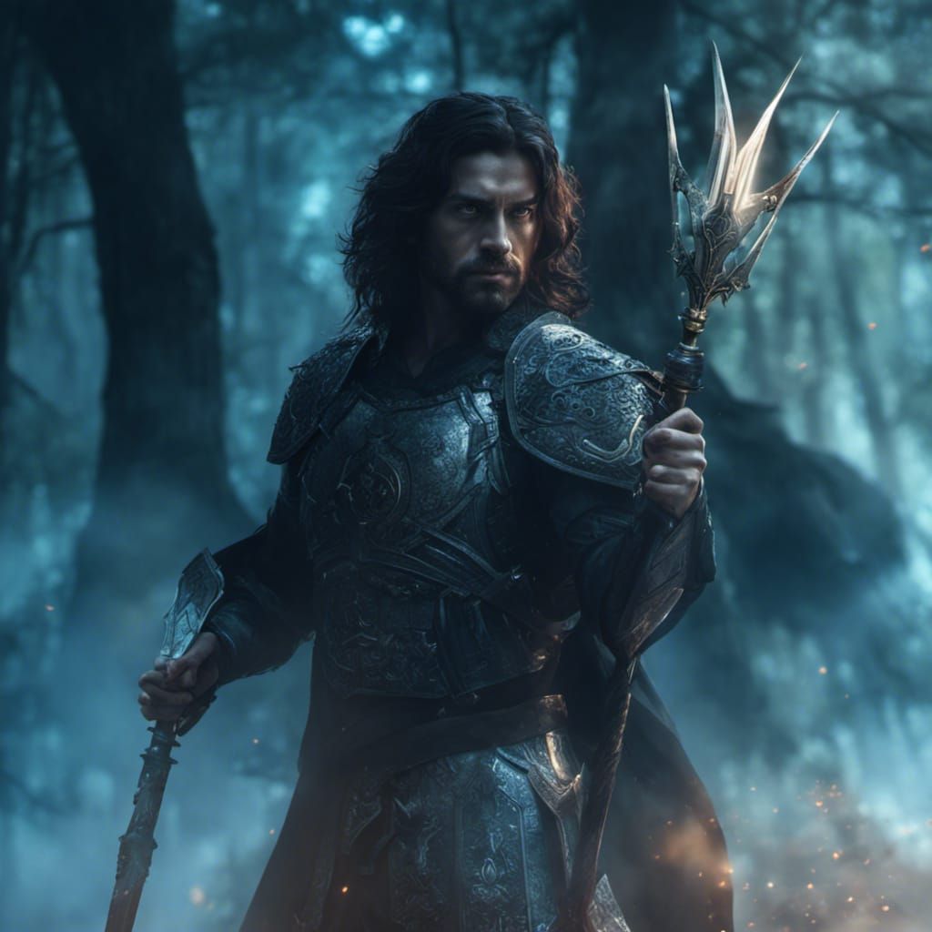 Holy Warrior in Spooky Woods with Glowing Sword