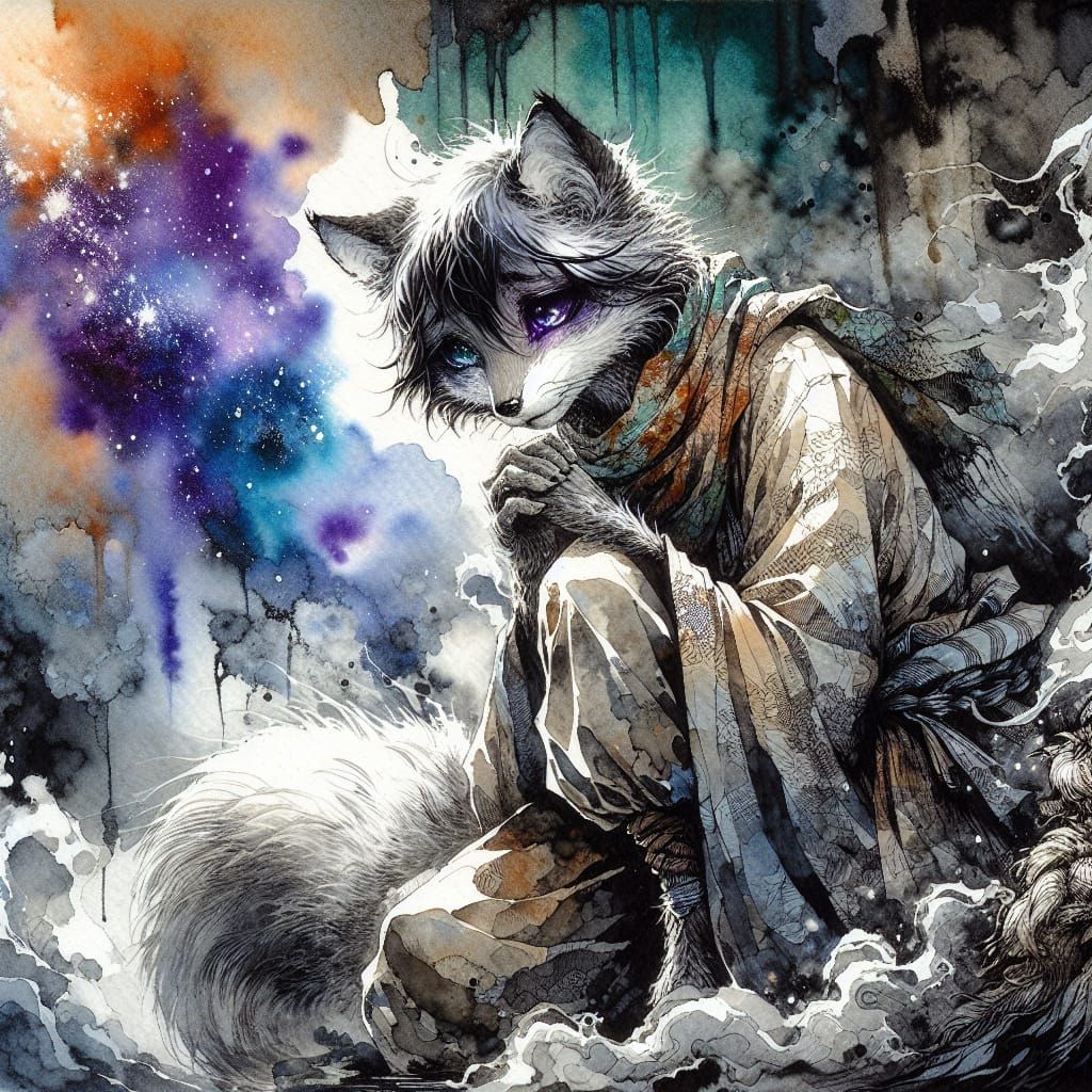 Sorrowful Fox: Anime-Gothic Ink Painting
