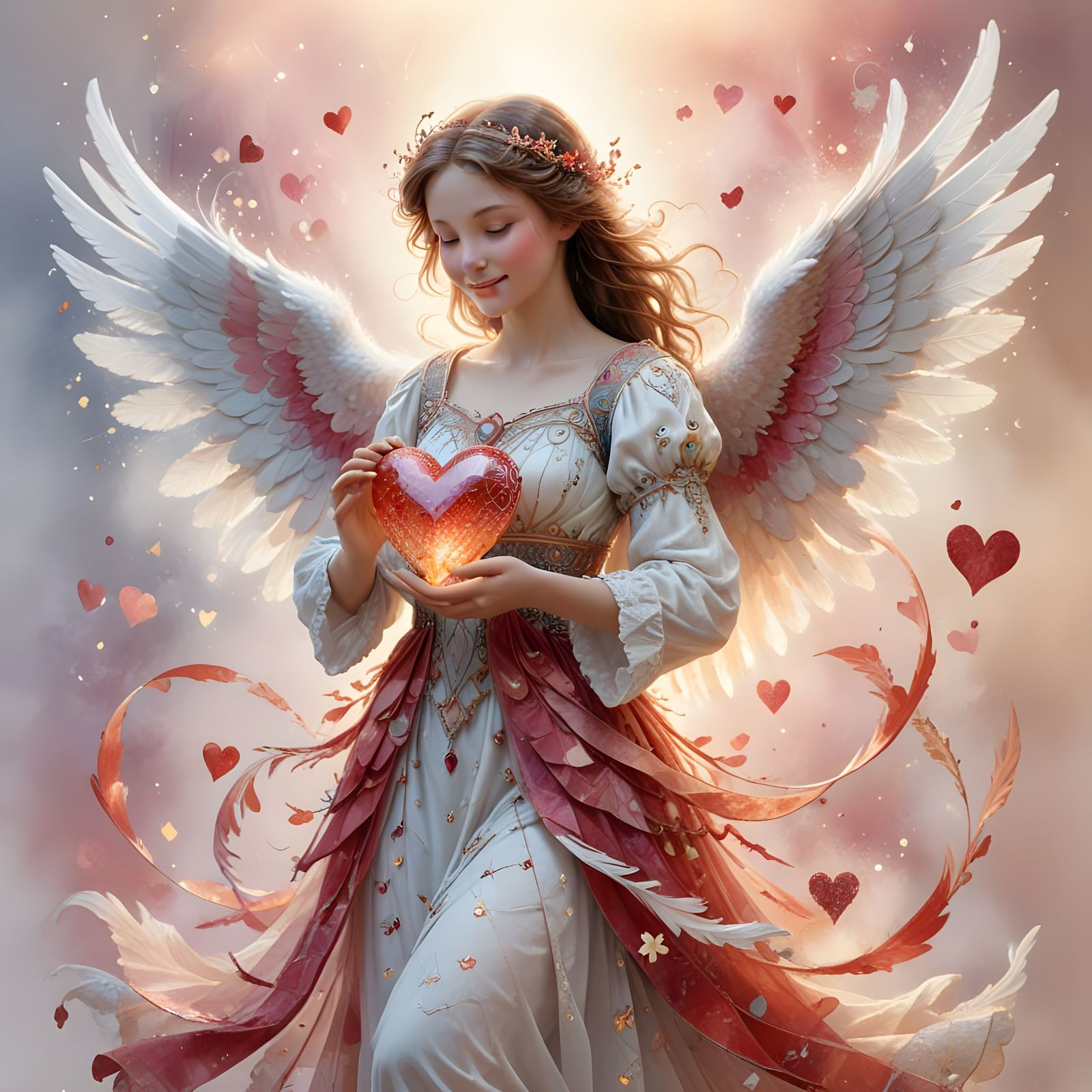 Ethereal Angel with Valentine Heart, in Whimsical Watercolor...