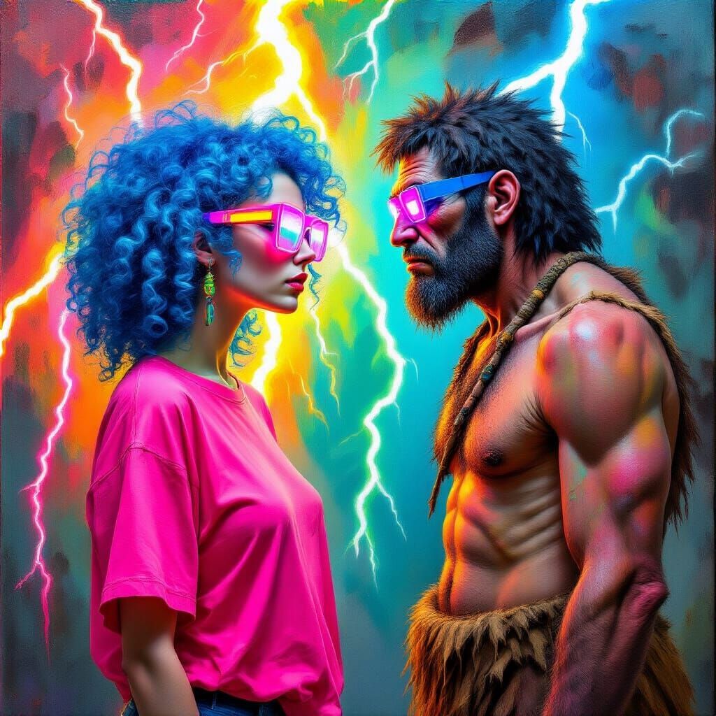 Woman Meets Caveman: Hyperrealistic Impasto Painting