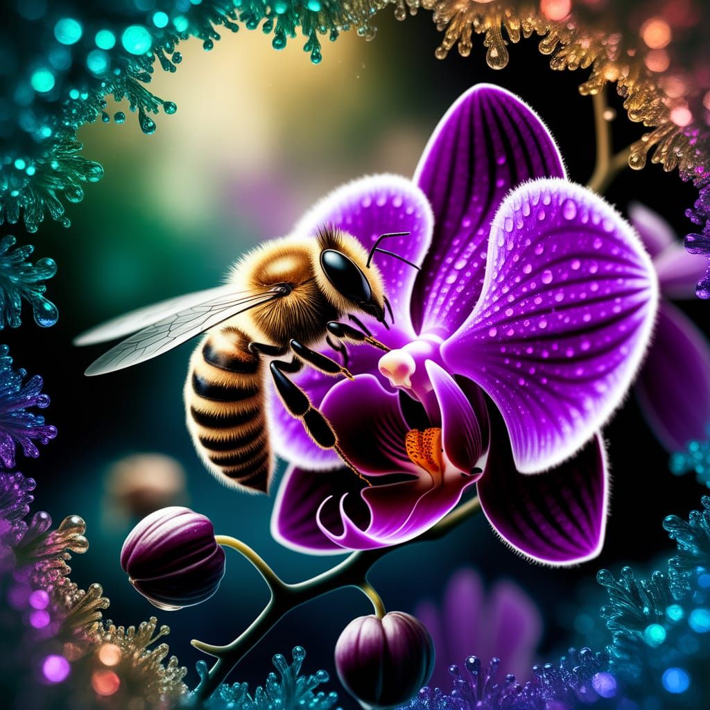 Bee Pollinating Orchid in Macro Photography