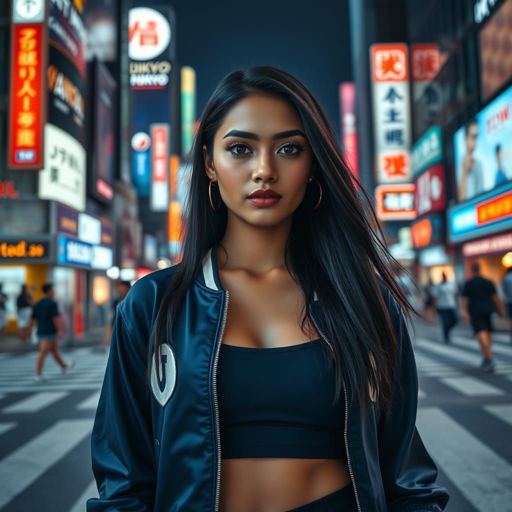 Indian Woman in Neon Cityscape, Cinematic Style