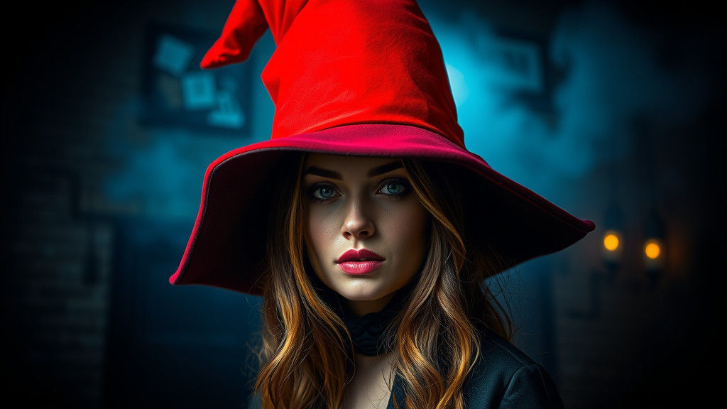 Dramatic Portrait with Oversized Red Hat